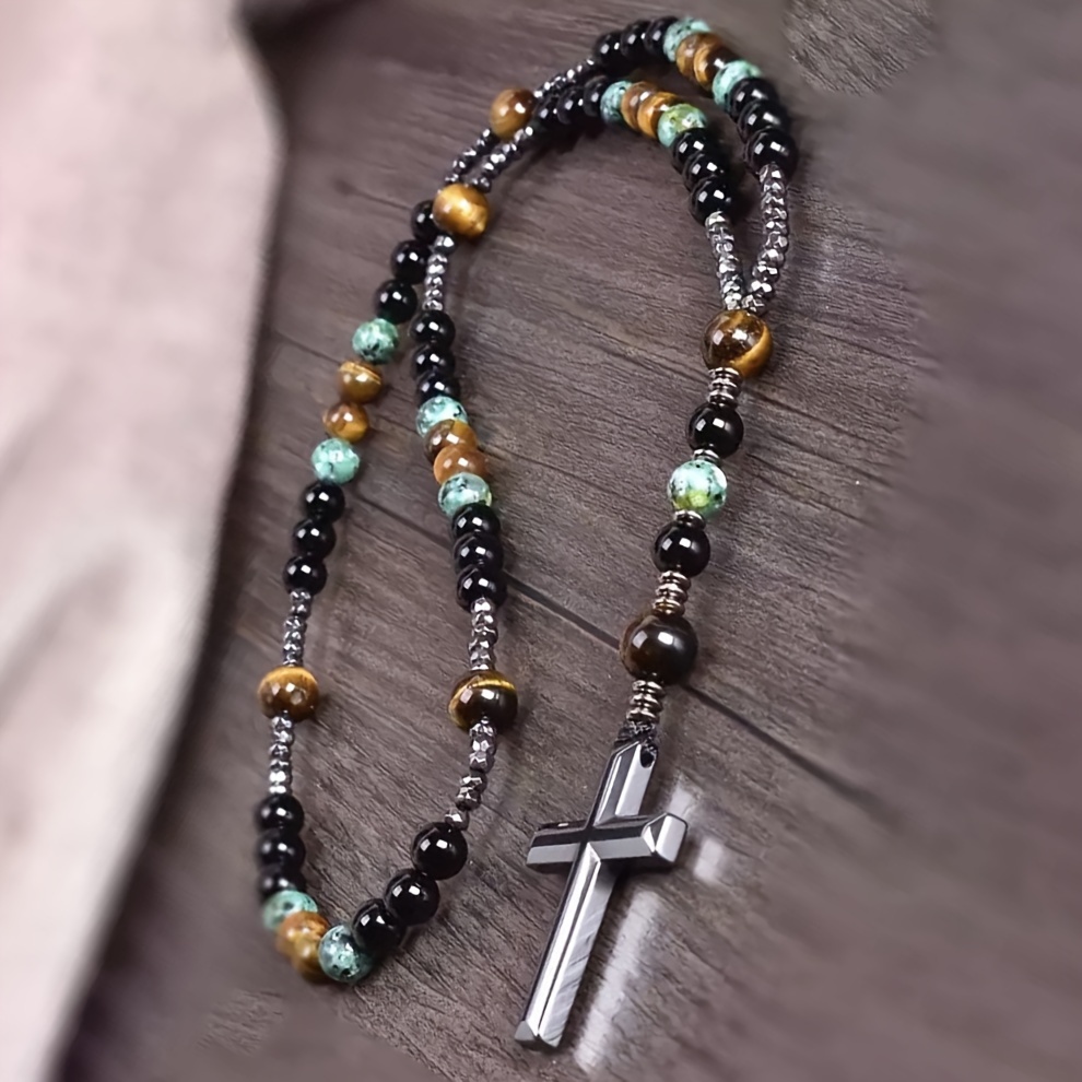Men's Obsidian Tiger Eye Cross Pendant Necklace, Beaded